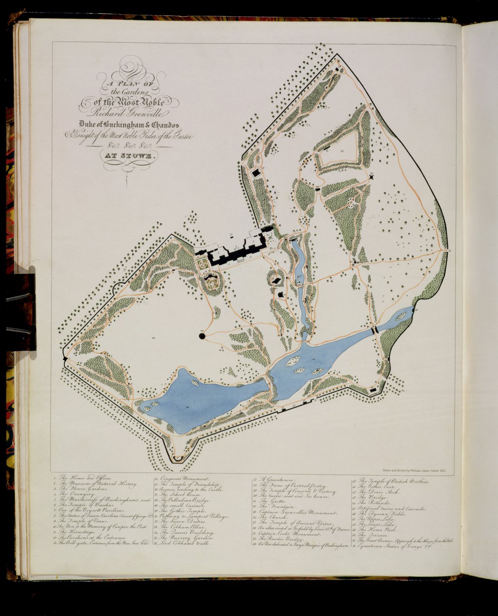 Ein Plan der Gärten von Richard Grenville, Herzog von Buckingham, in Stowe, geätzt vom Künstler, 1827 von William James Smith