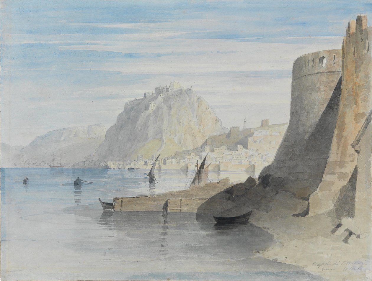 Blick in den Hafen von Nafplion, betitelt Napoli di Romania, Griechenland von William Linton