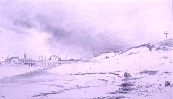 Flussufer mit Steg und Gebäuden von William Roxby Beverly