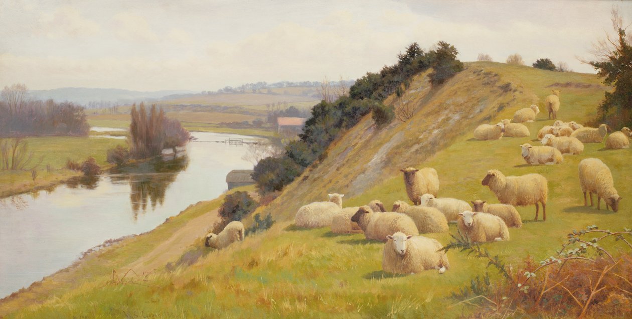 Eine Weide am Flussufer mit Schafen von William Sidney Cooper
