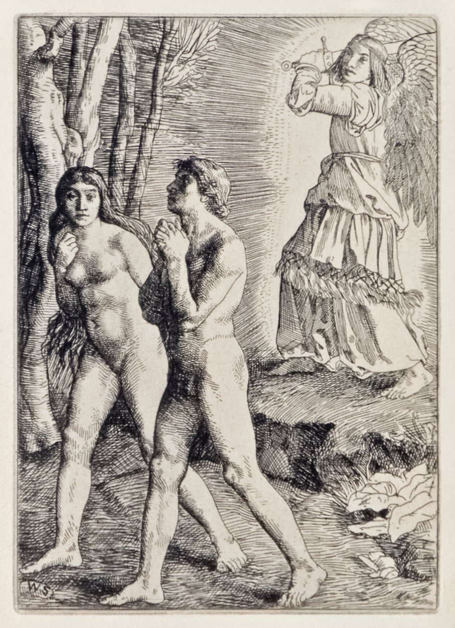 Adam und Eva werden aus dem Paradies vertrieben aus Das verlorene Paradies von John Milton, eine Serie von 12 Illustrationen von William Strang von William Strang