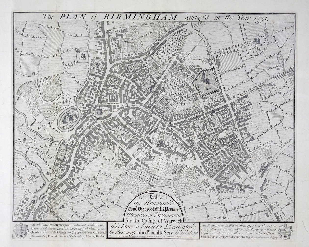 Plan von Birmingham, 1731, veröffentlicht 1789 von William Westley