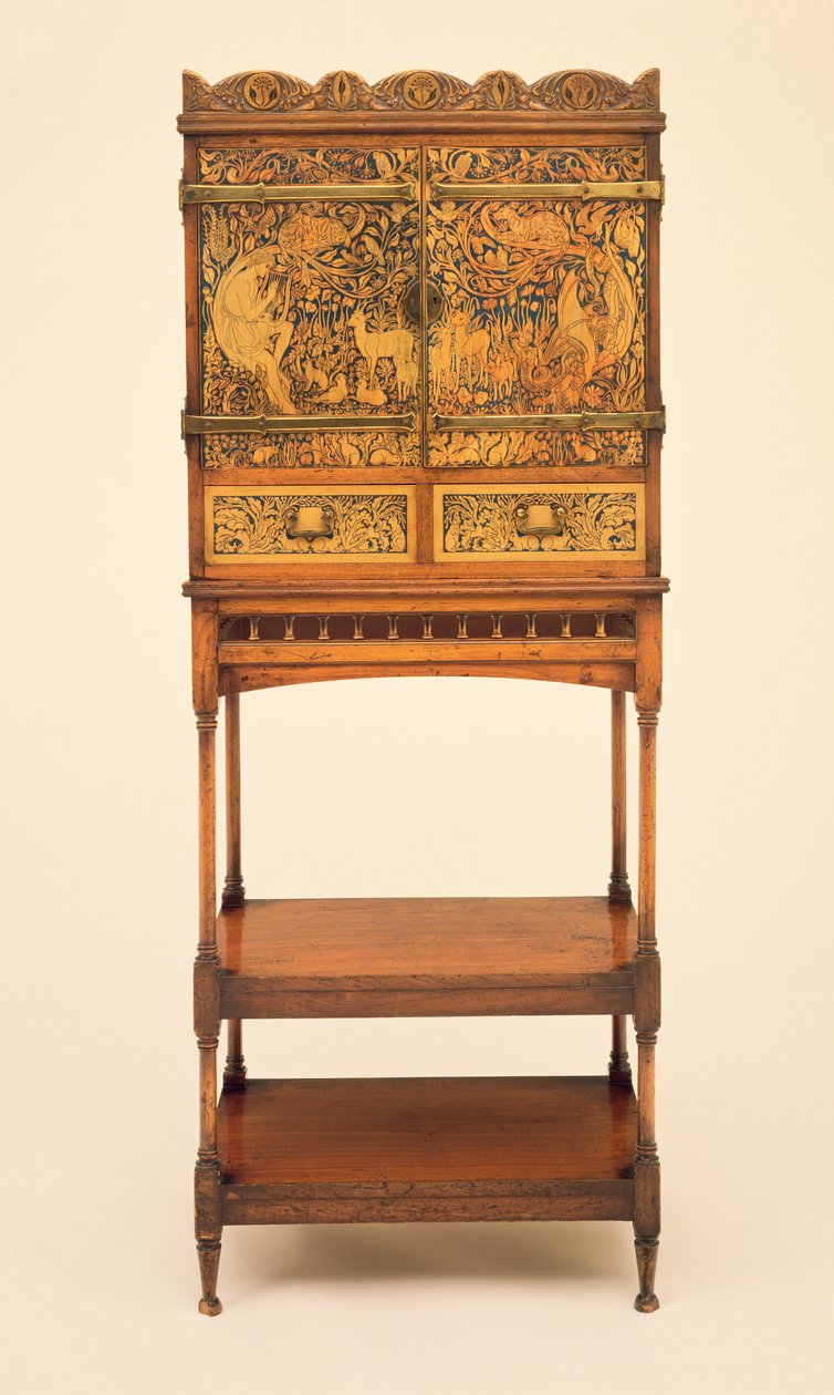 Musikschrank und Ständer mit Wachseinlage-Szene von Orpheus, der die Tiere bezaubert, entworfen von William Arthur Smith Benson (1854-1924) und George Heywood Maunoir Sumner (1853-1940), ca. 1889 von William and Sumner Benson
