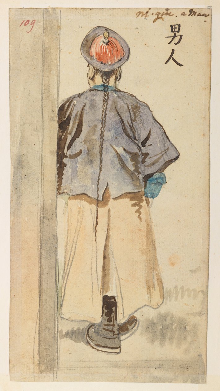 109 Chinesische Figurenstudie, aus einem Album mit 372 Zeichnungen von Landschaften, Küstenlinien, Kostümen und Alltagsleben, erstellt während der Gesandtschaft von Lord Macartney zum Kaiser von China, zwischen 1792 und 1794 (Bleistift und Aquarell auf Pap von William Alexander