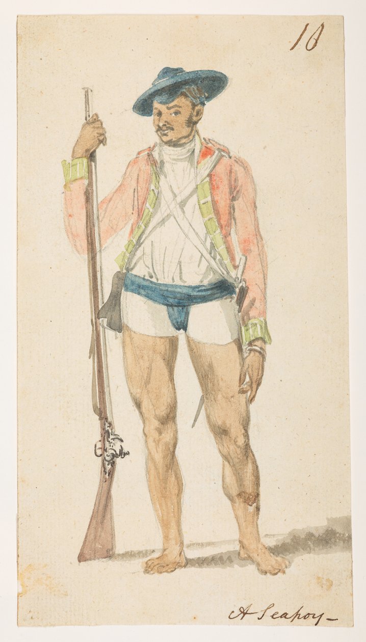 Ein Sepoy. aus einem Album mit 372 Zeichnungen von Landschaften, Küstenlinien, Kostümen und Alltagsleben, erstellt während der Botschaft von Lord Macartney an den Kaiser von China, zwischen 1792 und 1794 von William Alexander