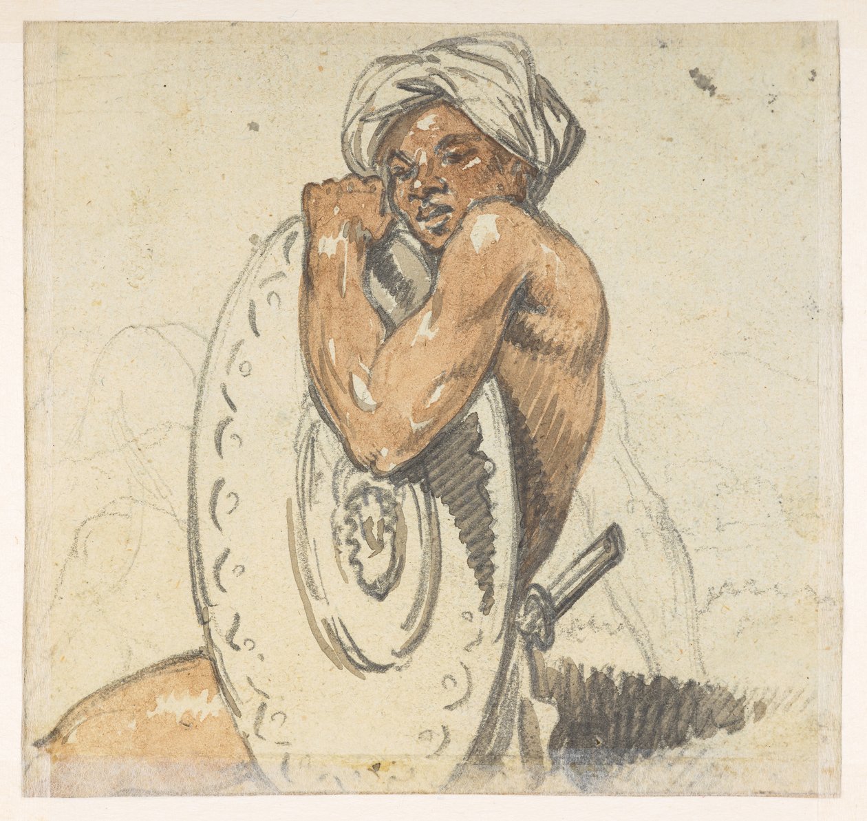 Junger Mann mit Schild, aus einem Album von 372 Zeichnungen von Landschaften, Küstenlinien, Kostümen und Alltagsleben während der Botschaft von Lord Macartney an den Kaiser von China, zwischen 1792 und 1794 von William Alexander