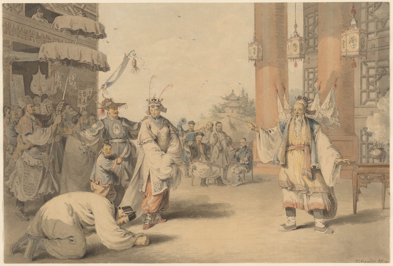 Eine Szene aus einem historischen Schauspiel auf der chinesischen Bühne von William Alexander