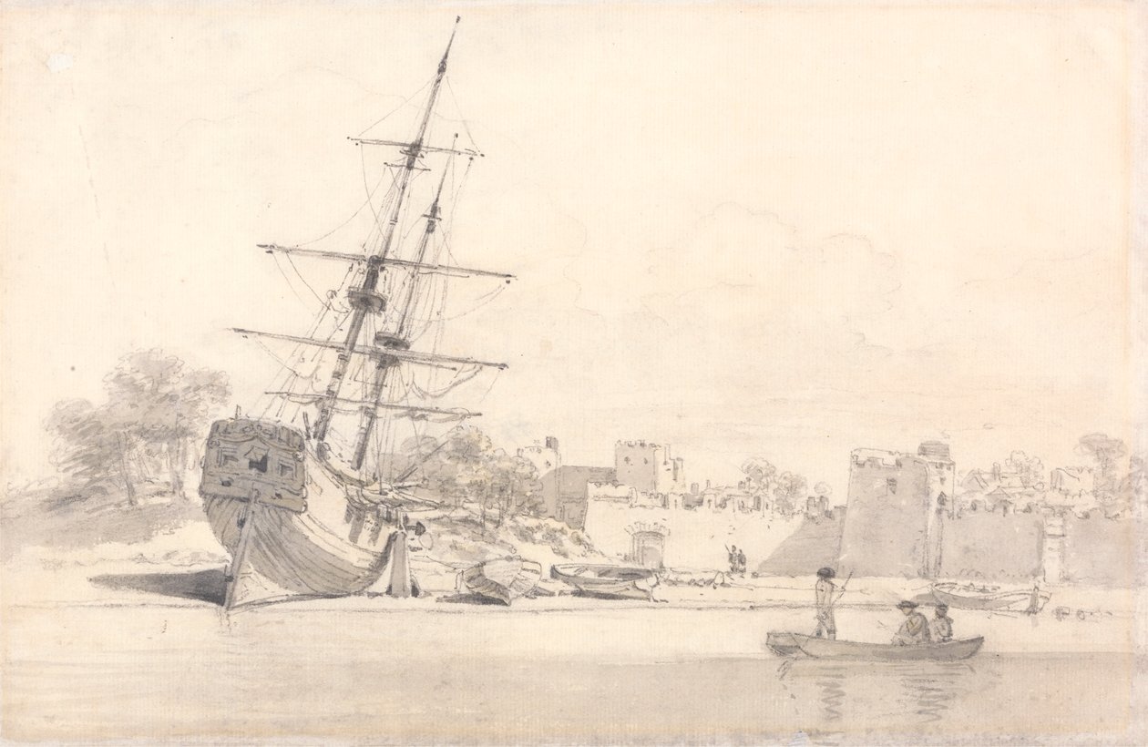 Ein kleines Segelschiff am Ufer unter einigen befestigten Gebäuden von William Alexander