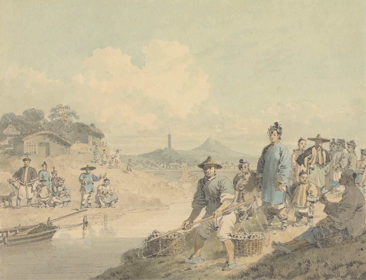 Ansicht in China: Figuren mit Pagode und Berg von William Alexander