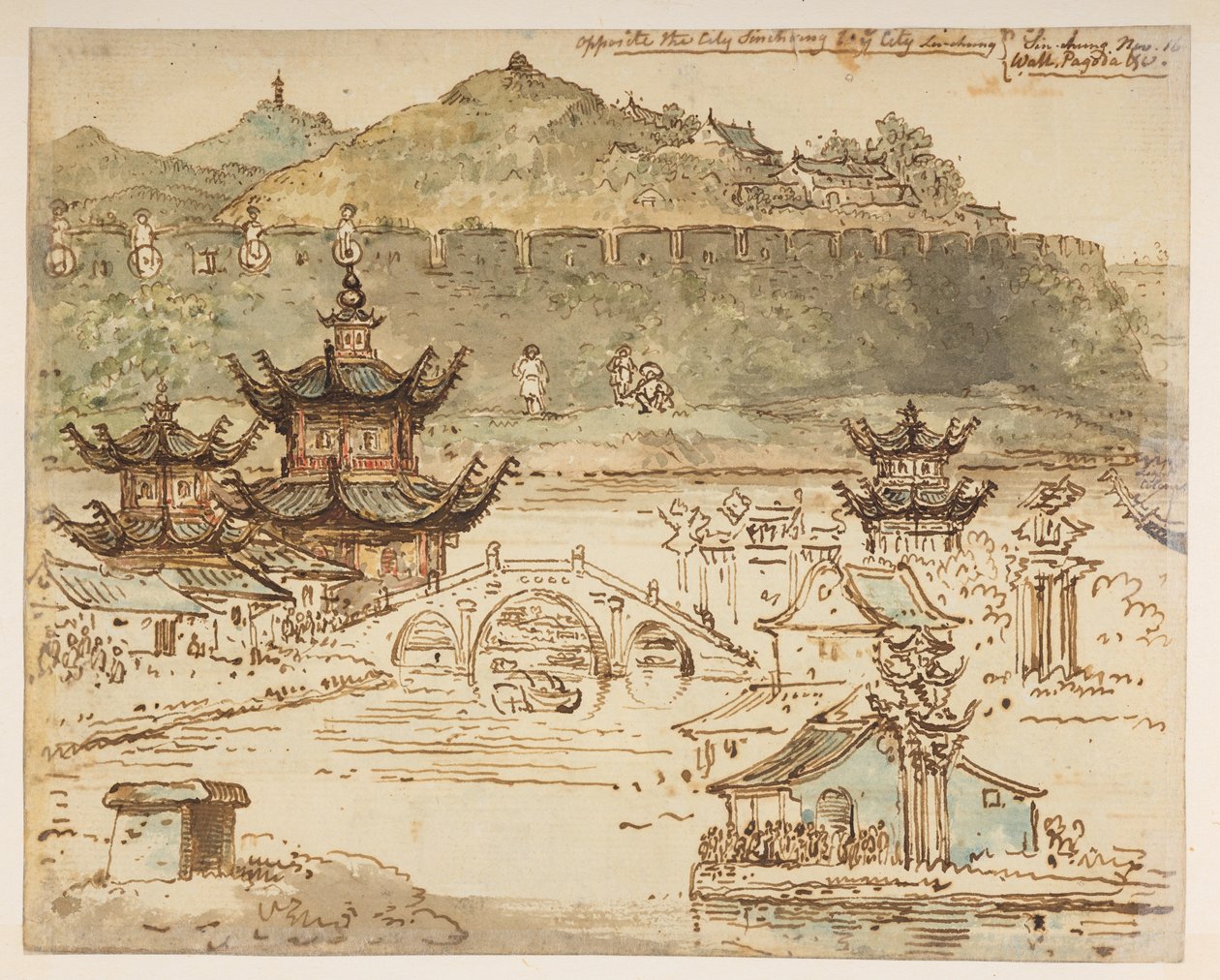Gegenüber der Stadt Shin-ring in der Stadt Liu-shung. Sin-chung 16. Nov. Mauer, Pagode usw., aus einem Album von 372 Zeichnungen von Landschaften, Küstenlinien, Kostümen und Alltagsleben während der Botschaft von Lord Macartney an den Kaiser von China, zwi von William Alexander