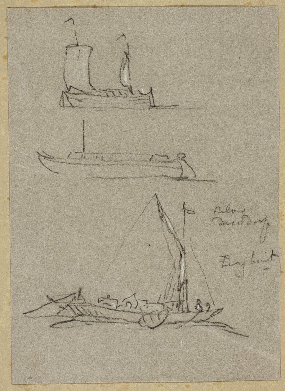 Drei Skizzen von Düsseldorfer Flussbooten von William Alfred Delamotte