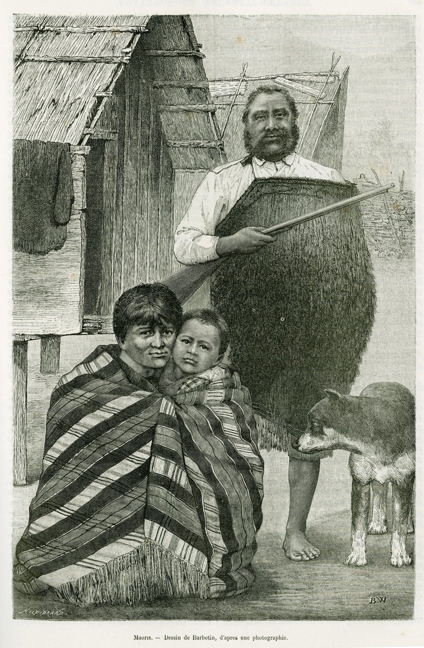 Drei Generationen von Maori. Gravur von Barbotin, zur Illustration der Geschichte Voyage a la Nouvelle Zelande, 1889, von G.Verschuur, in le tour du monde 1890, herausgegeben von Edouard Charton (1807-1890), Hachette, Paris. von William Barbotin
