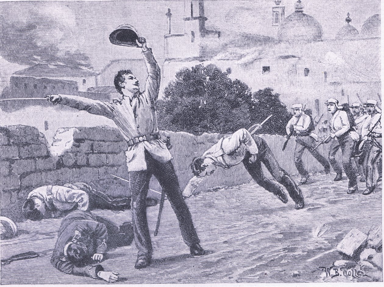 Eroberung der Charbagu-Brücke, Lucknow, 25. September 1857, Illustration aus British Battles on Land and Sea, 1915 von William Barnes Wollen