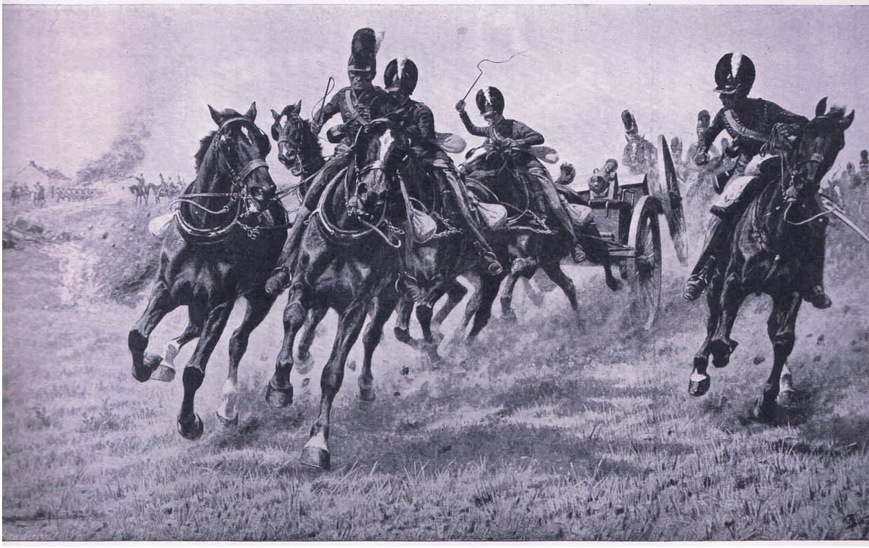 Kanonen an die Front: Waterloo am 18. Juni 1815, Illustration aus Britische Schlachten zu Land und zu Wasser, 1915 von William Barnes Wollen