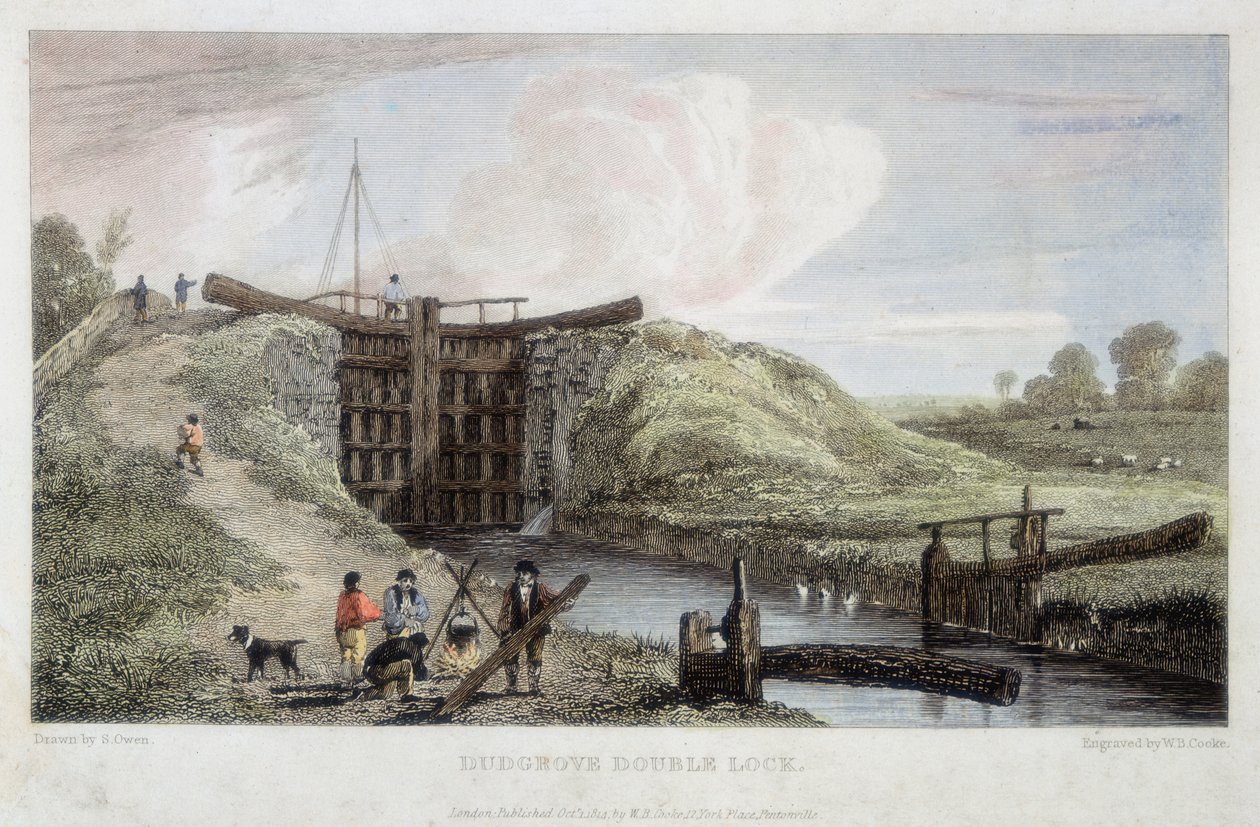 Dudgrove-Doppelschleuse oberhalb von Lechlade, Thames und Severn Kanal, 1814 von William Bernard Cooke