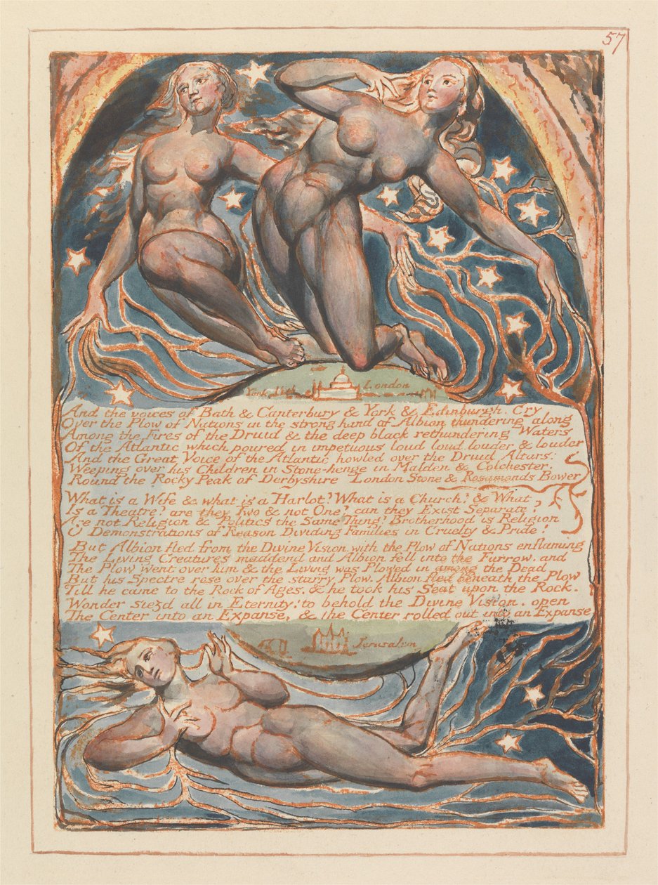 "Und die Stimmen von Bath & Canterbury & York & Edinburgh, rufen..." (Platte 57) von William Blake