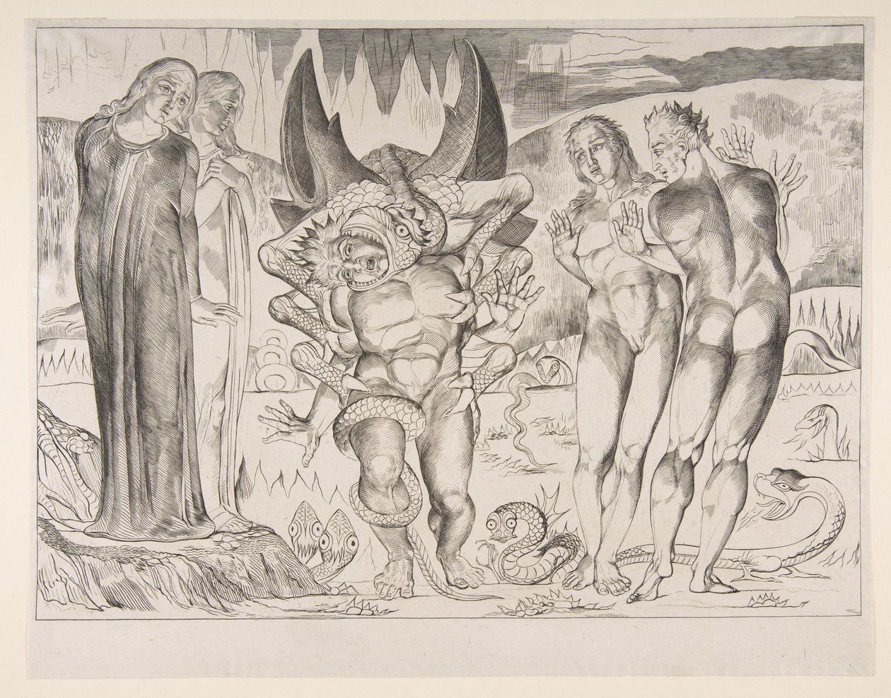 Kreis der Diebe: Agnello Brunelleschi von einer sechsfingrigen Schlange angegriffen, aus Dan..., ca. 1825-27 von William Blake