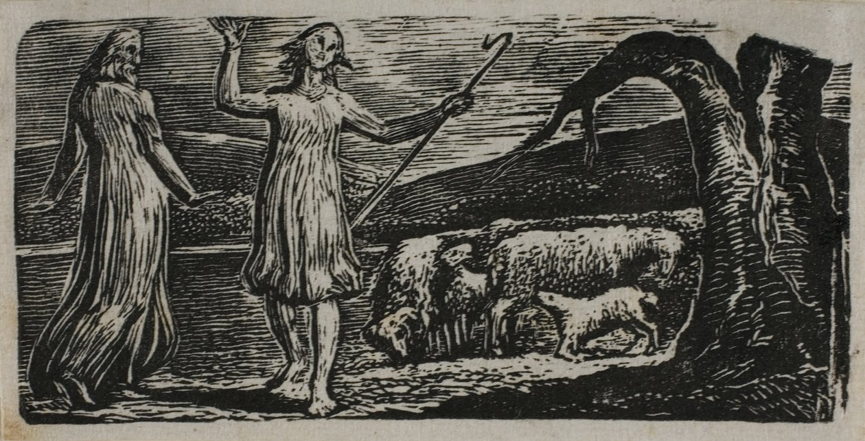 Colinet geht traurig: Gespaltener Stamm rechts, aus Die Hirtengedichte von Virgil von William Blake