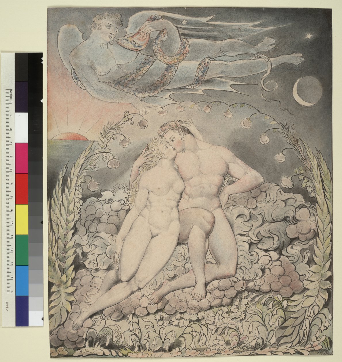 Illustration 5 zu Miltons "Das verlorene Paradies": Satan beobachtet die Zärtlichkeiten von Adam und Eva von William Blake