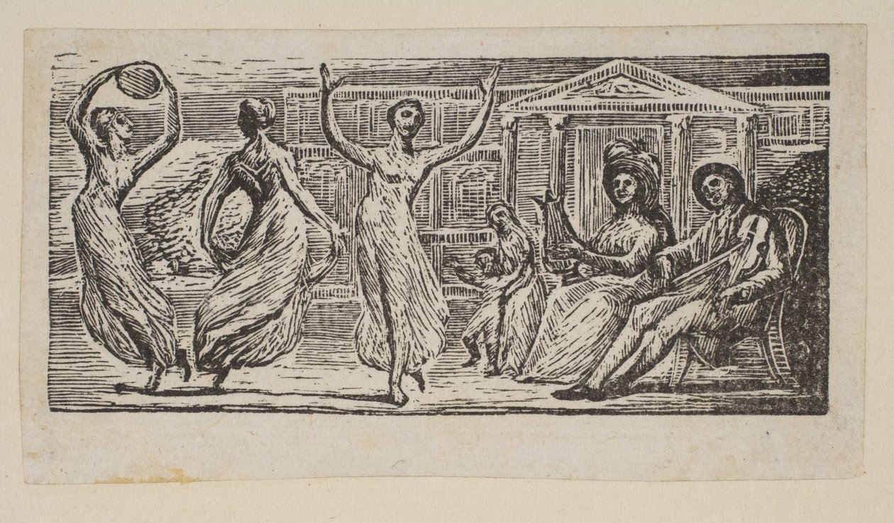 Menalcus beobachtet tanzende Frauen, aus Thorntons Pastorals of Virgil, 1821 von William Blake