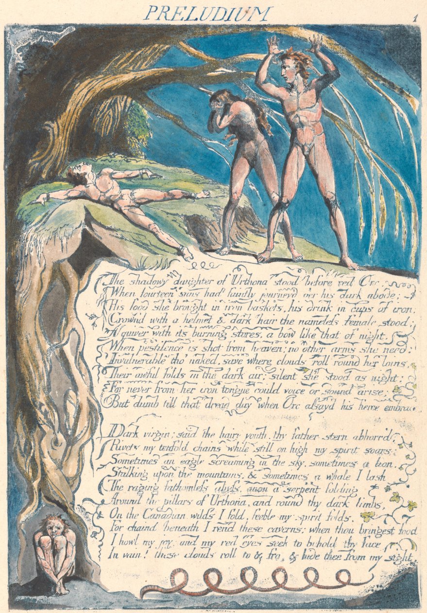Präludium. "Die schattenhafte Tochter von Urthona stand vor dem roten Orc..." (Platte 3) von William Blake