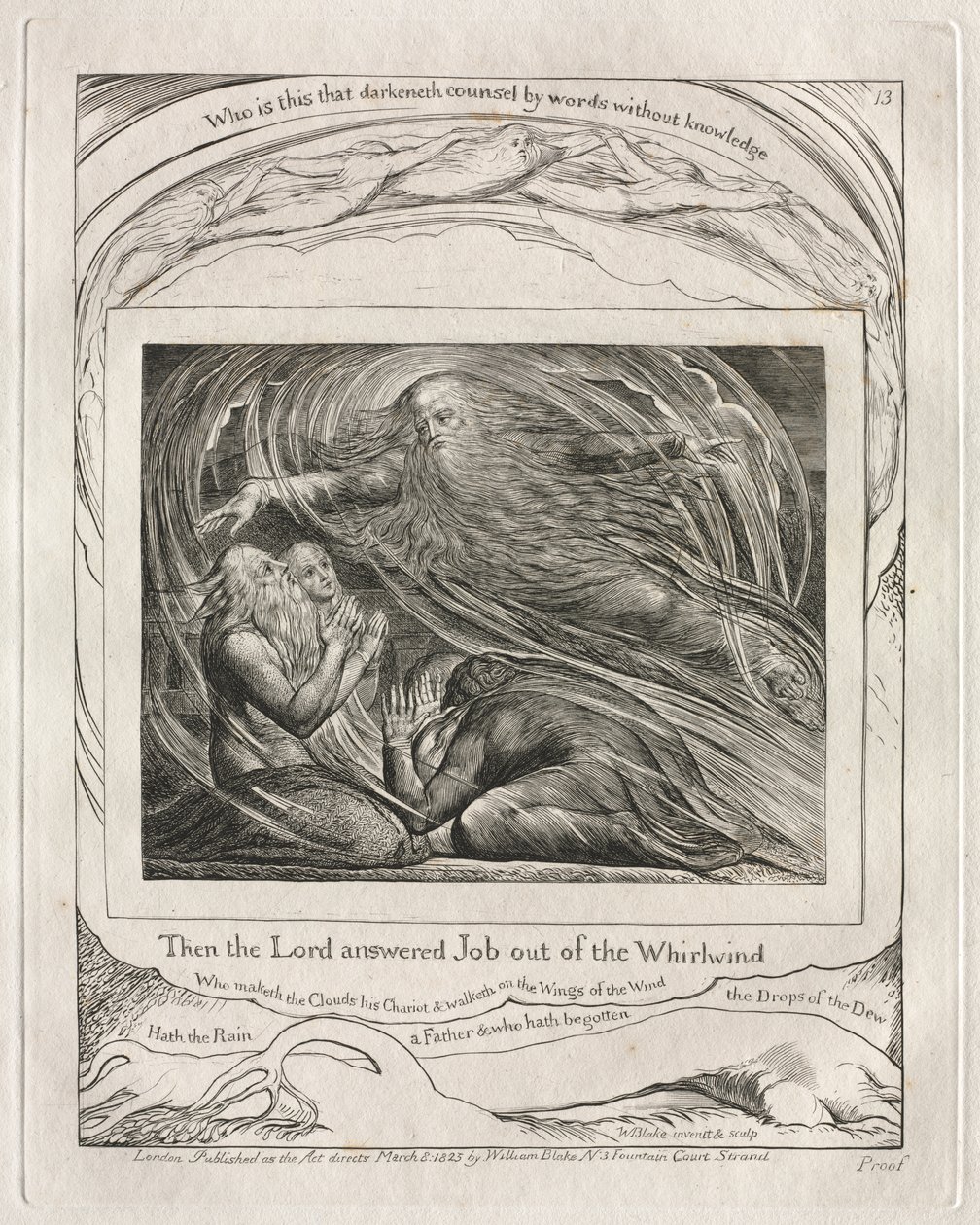 Das Buch Hiob: Pl. 13, Dann antwortete der Herr Hiob aus dem Wirbelsturm von William Blake