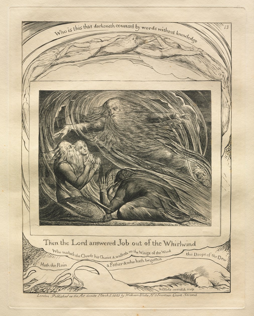 Das Buch Hiob: Pl. 13, Dann antwortete der Herr Hiob aus dem Wirbelsturm, 1825 von William Blake