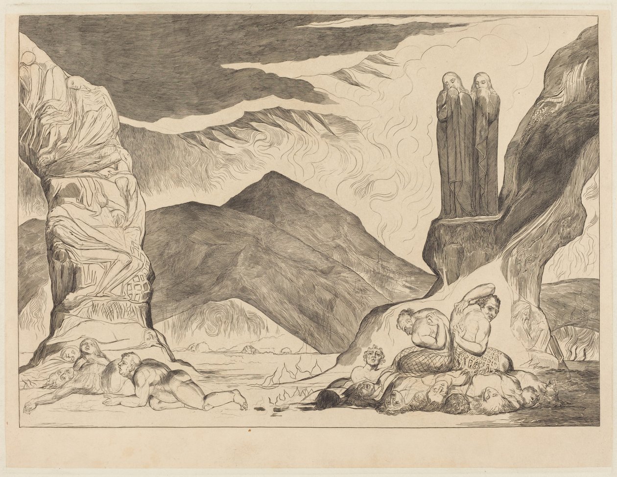 Der Kreis der Fälscher: Dante und Virgil halten sich die Nasen zu wegen des Gestanks von William Blake