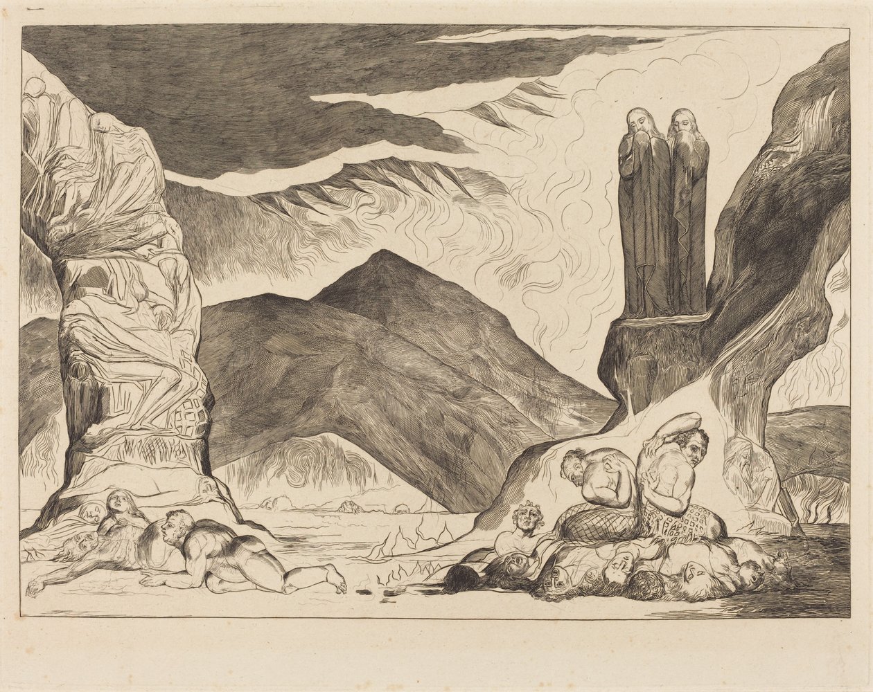 Der Kreis der Fälscher: Dante und Virgil halten sich die Nase zu wegen des Gestanks von William Blake