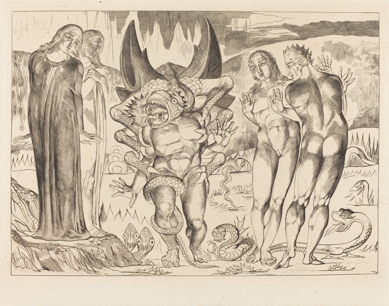 Der Kreis der Diebe; Agnolo Brunelleschi wird von einer sechsfingrigen Schlange angegriffen von William Blake
