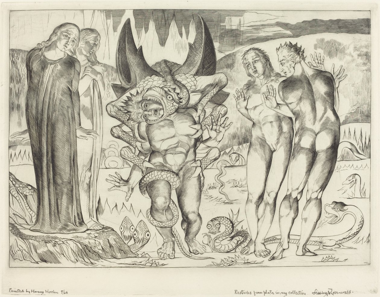 Der Kreis der Diebe, Agnolo Brunelleschi von einer sechsfingrigen Schlange angegriffen, 1827 von William Blake