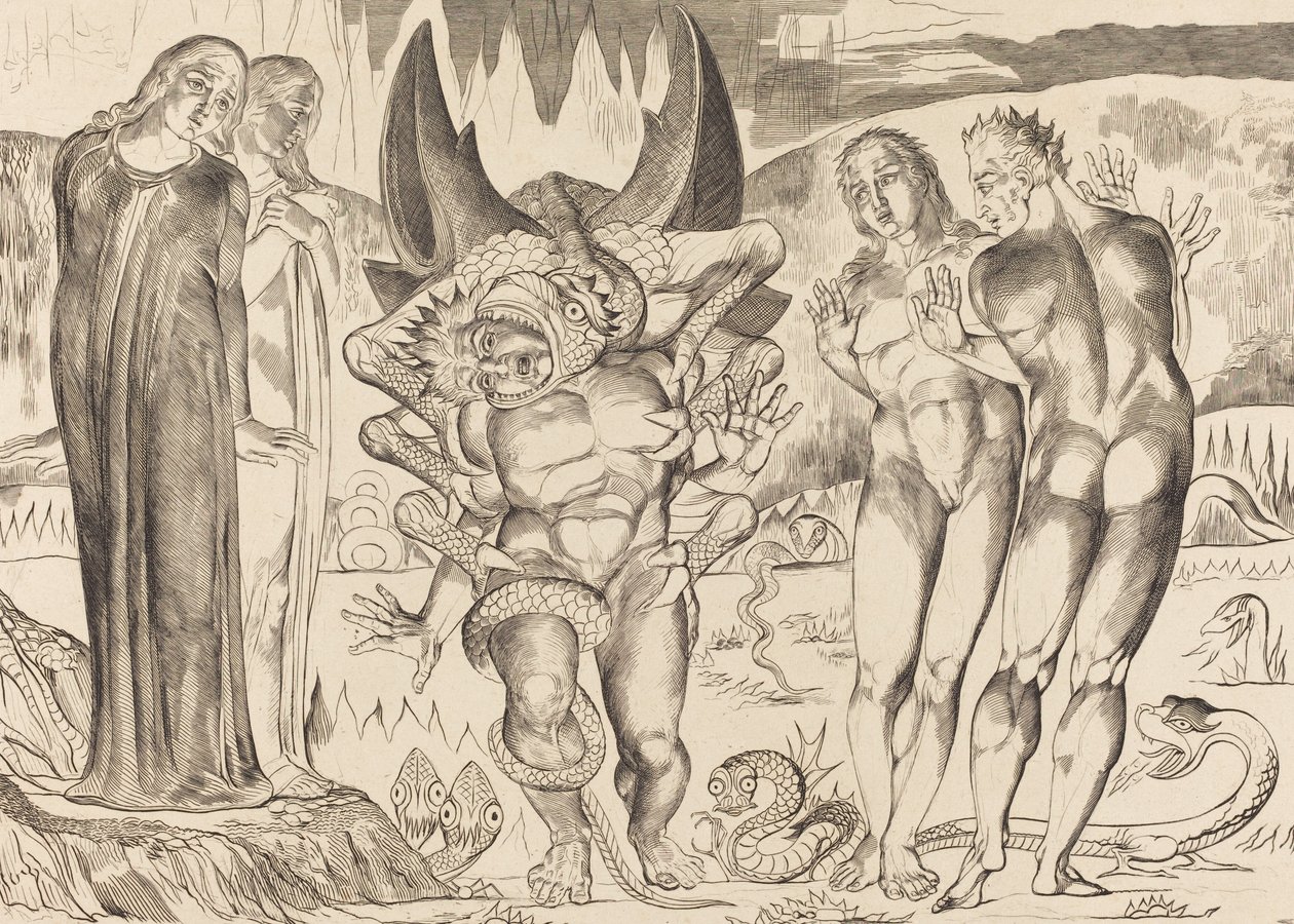 Der Kreis der Diebe, Agnolo Brunelleschi von einer sechsfingrigen Schlange angegriffen von William Blake