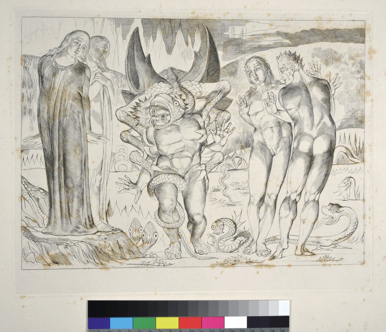 Der Kreis der Diebe: Agnolo Brunelleschi wird von einer sechsfingrigen Schlange angegriffen. Inferno, Canto XXV, Illustration zur Göttlichen Komödie von Dante Alighieri von William Blake