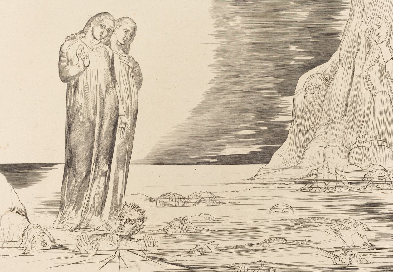 Der Kreis der Verräter, Dantes Fuß trifft Bocca degli Abbate von William Blake