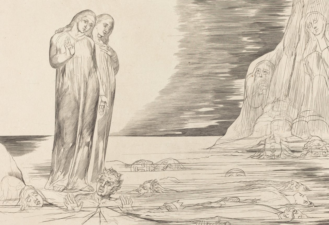 Der Kreis der Verräter, Dantes Fuß trifft Bocca degli Abbate, 1827 von William Blake