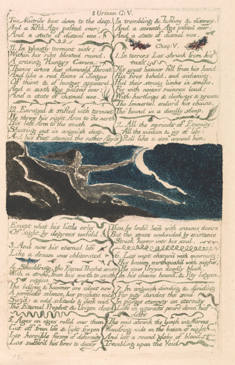 Das erste Buch Urizen, Tafel 11, "Zwei Nasenlöcher bogen sich hinab in die Tiefe . . . ." (Bentley 13) von William Blake