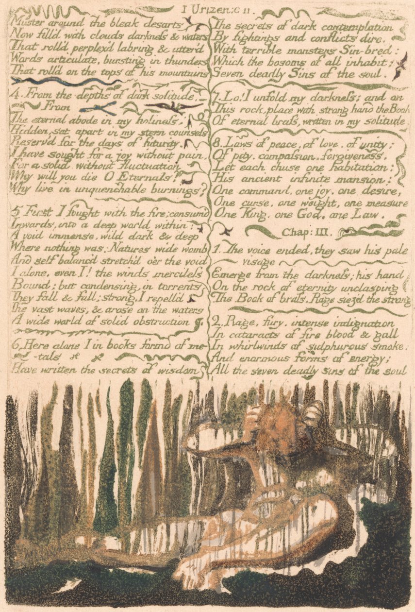 Das Erste Buch Urizen, Tafel 4, "Versammelt euch um die öden Wüsten . . . ." (Bentley 4) von William Blake