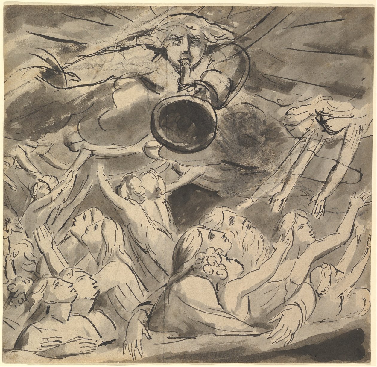 Die letzte Posaune (Recto); zwei Studien eines rechten Auges, das Profil eines jungen Mannes mit offenem Mund, der Kopf eines Adlers und der Kopf eines Löwen (Verso) von William Blake