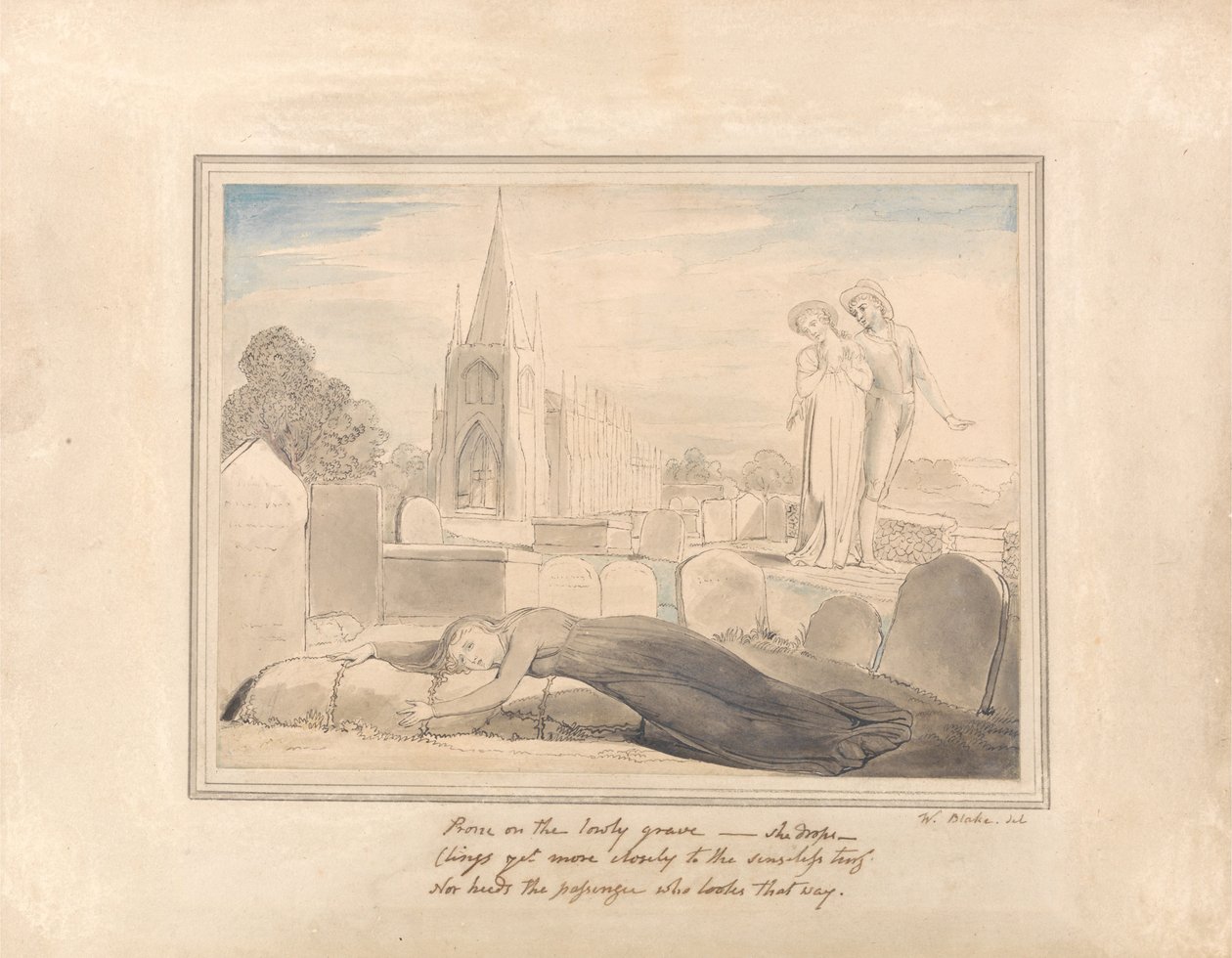 Die Witwe umarmt das Grab ihres Mannes von William Blake