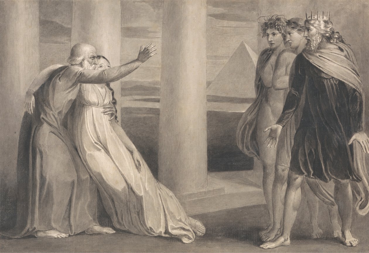 Tiriel unterstützt die sterbende Myratana und verflucht seine Söhne von William Blake