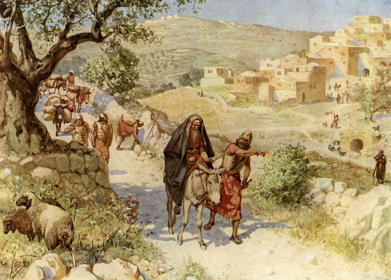 König David flieht aus Jerusalem und wird von Schimi verflucht - Bibel von William Brassey Hole