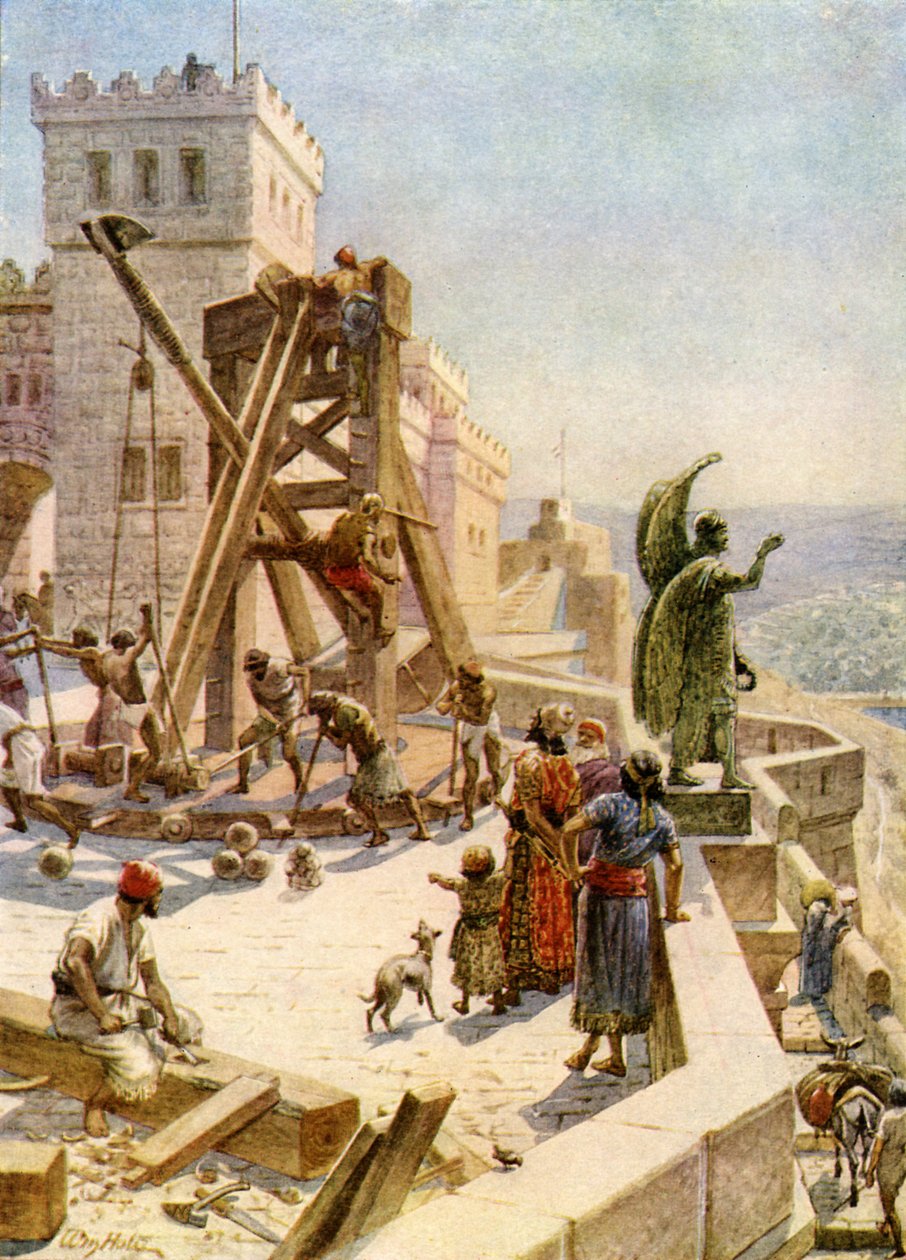 Usija errichtet Kriegsmaschinen auf den Mauern - Bibel von William Brassey Hole