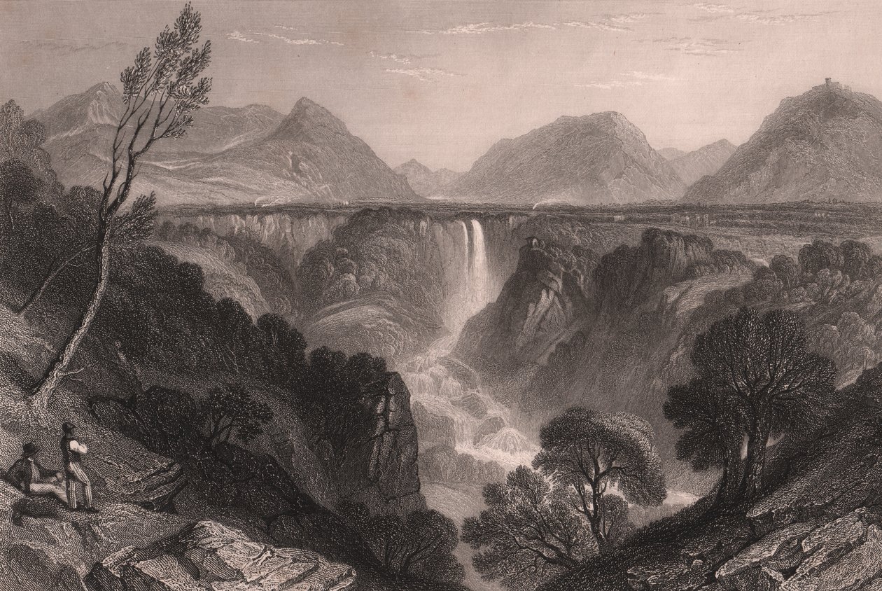 Ansicht der Marmore-Wasserfälle (Cascata delle Marmore) bei Terni, Umbrien, Italien, Stahlstich von James Tibbitts Willmore nach einer Zeichnung von William Brockedon, ca. 23x18,5 cm von William Brockedon