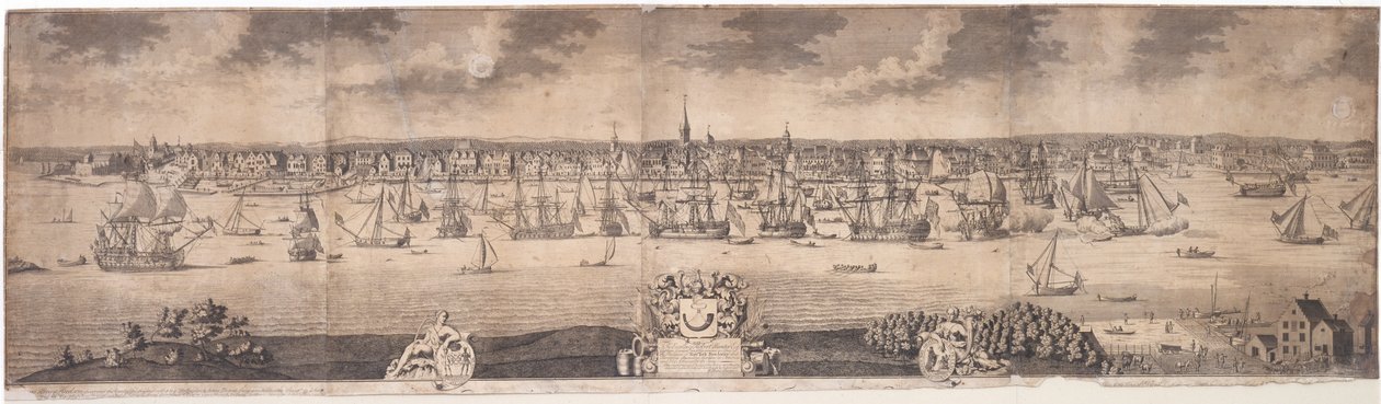 Eine Südansicht der blühenden Stadt New York in der Provinz New York in Amerika, graviert von John Harris, 1717-18 von William Burgis