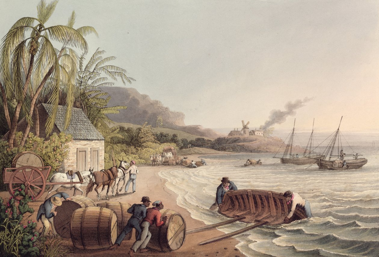 Laden von Rum- und Zuckertonnen, Antigua von William Clark