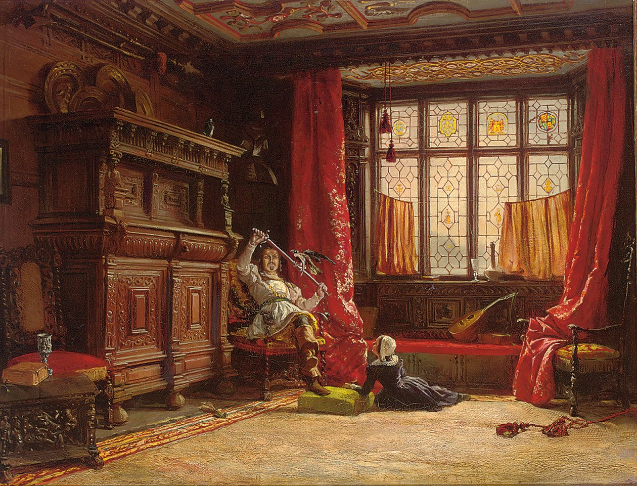 Ein Kavalier in einem dunklen Innenraum, ein Vogel auf seinem Schwert, 1843 von William Collingwood