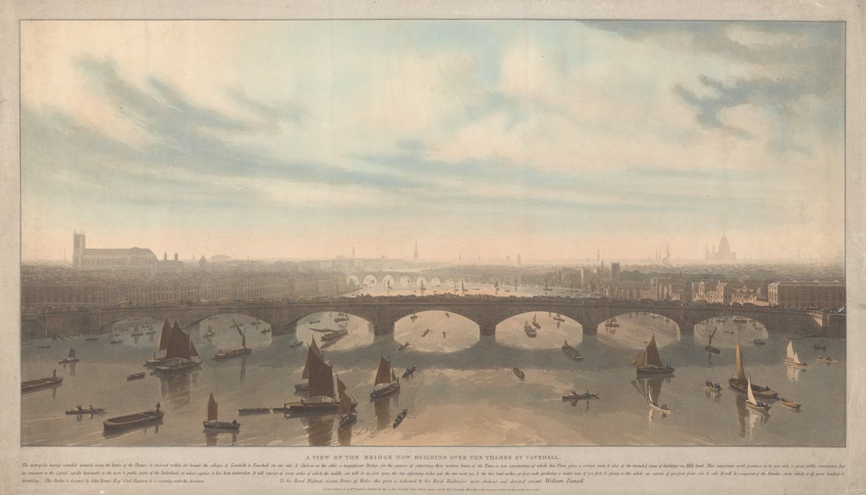 Ansicht der im Bau befindlichen Brücke über die Themse bei Vauxhall von William Daniell