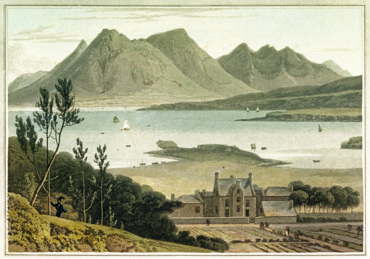 Westansicht von der Insel Raasay (Schottland), mit Beschreibung eines großen Gebäudes und seiner angrenzenden Gärten. Farbradierung von William Daniell (1769-1837) von William Daniell