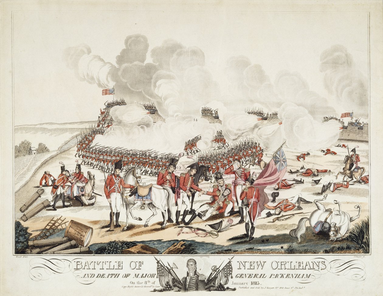 Schlacht von New Orleans und Tod von Generalmajor Packenham von William Edward (after) West