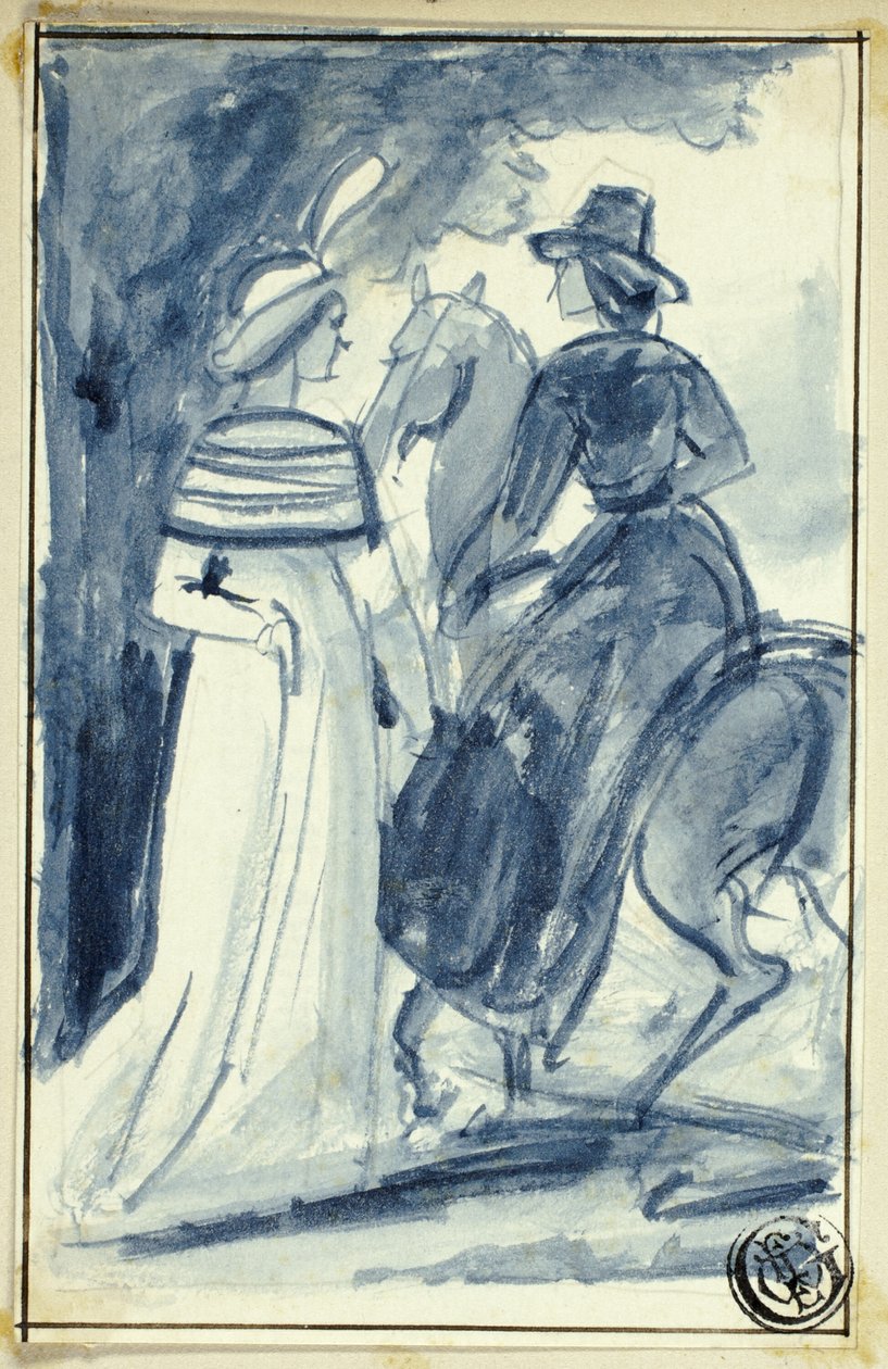 Zwei Frauen (eine zu Pferd) in Kleidung des späten 18. Jahrhunderts von William Edward Frost